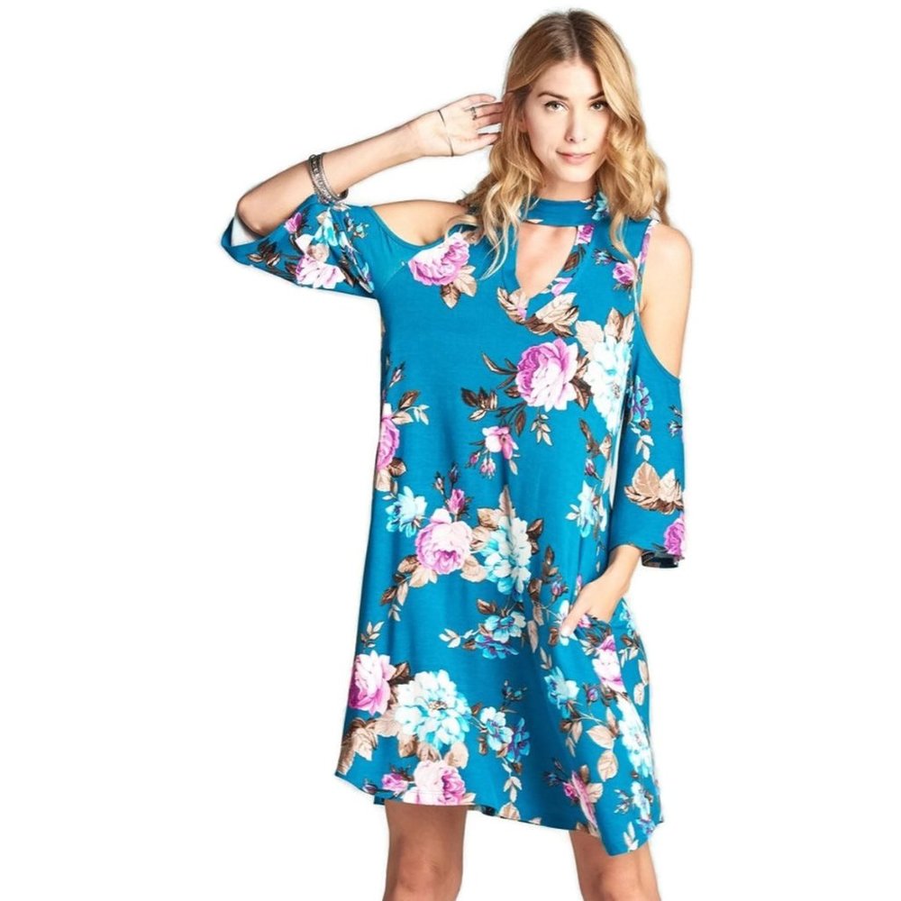 Oddi Floral Choker Swing Dress, Teal